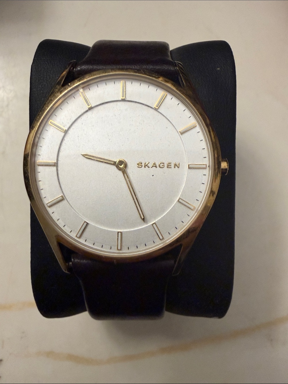 Skagen Gold and White Minimalist Watch with Brown Leather Band